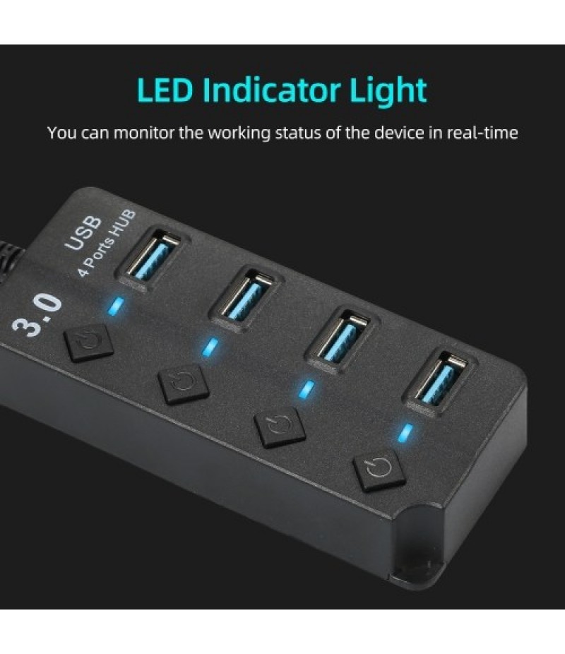 4-in-1 High-speed USB3.0 Hub Converter with 4 USB3.0 Expansion Ports Independent Power Switches Support Mouse Keyboard U Disk