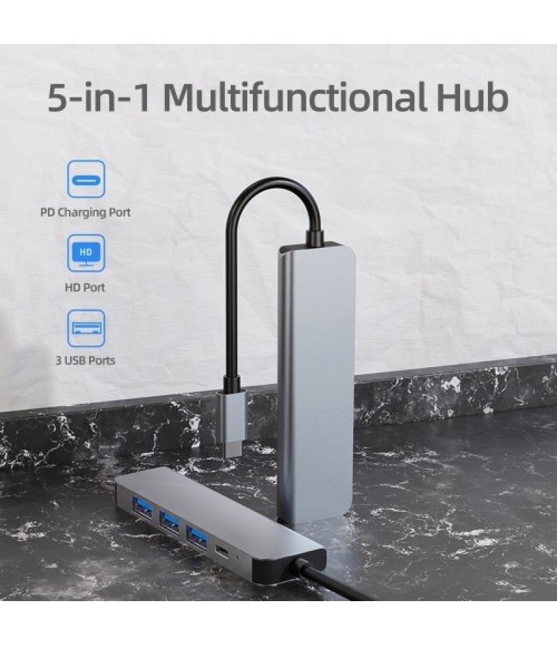 5-in-1 Type-C Hub Multifunctional Type-C Converter Aluminum Alloy Shell with 1*USB3.0 2*USB2.0 HD PD Ports Wide Compatibility
