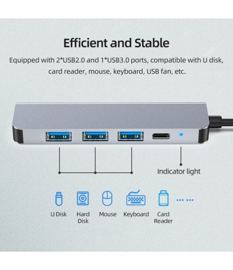5-in-1 Type-C Hub Multifunctional Type-C Converter Aluminum Alloy Shell with 1*USB3.0 2*USB2.0 HD PD Ports Wide Compatibility