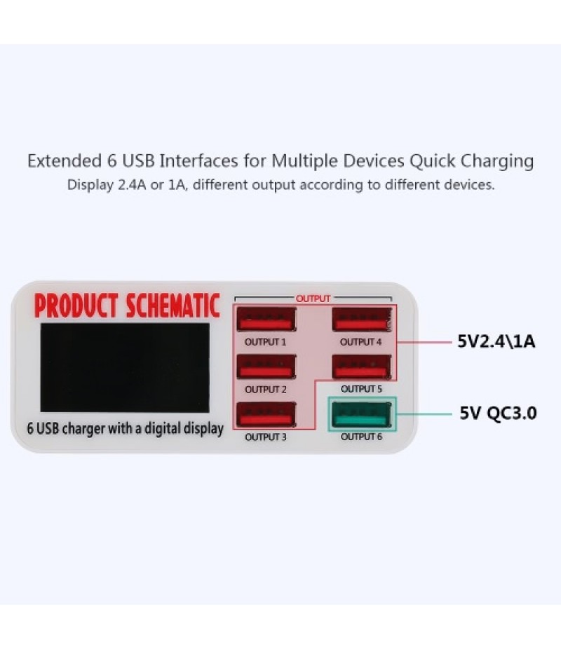 Quick Charge 3.0 6-Port 6A USB Desktop Charger Adapter Hub Multi Port USB Wall Charger Dock Station with LCD Display Intelligent