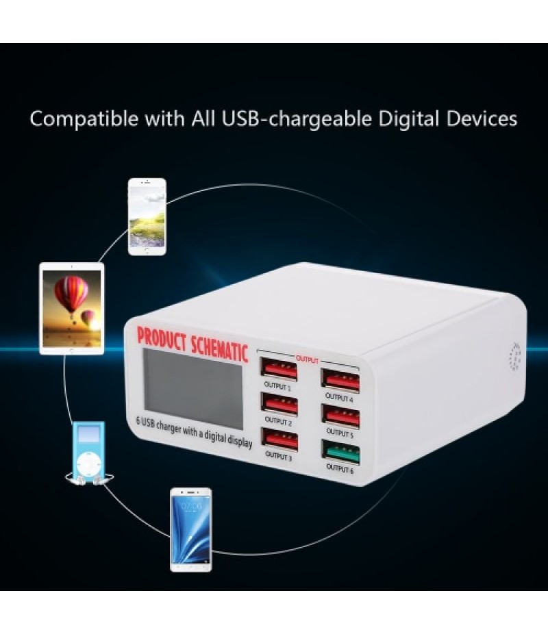 Quick Charge 3.0 6-Port 6A USB Desktop Charger Adapter Hub Multi Port USB Wall Charger Dock Station with LCD Display Intelligent