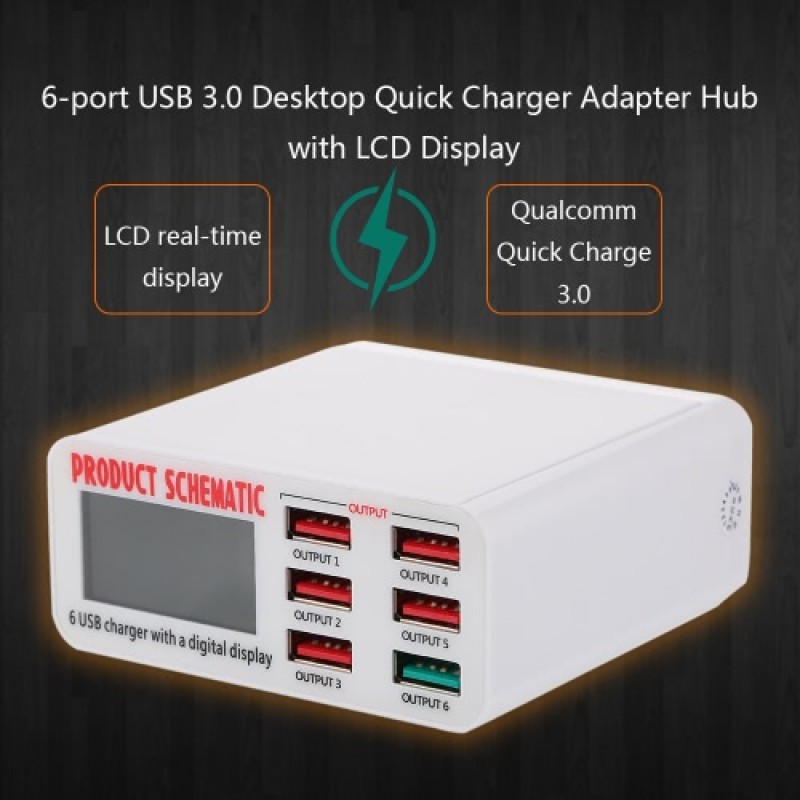 Quick Charge 3.0 6-Port 6A USB Desktop Charger Adapter Hub Multi Port USB Wall Charger Dock Station with LCD Display Intelligent