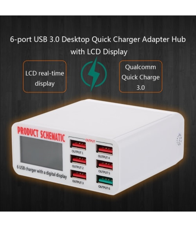 Quick Charge 3.0 6-Port 6A USB Desktop Charger Adapter Hub Multi Port USB Wall Charger Dock Station with LCD Display Intelligent