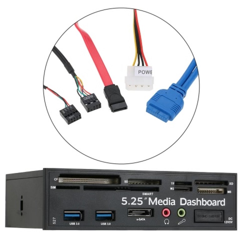 Multi-Function USB 3.0 Hub eSATA Port Internal Card Reader PC Dashboard Media Front Panel Audio for SD MS CF TF M2 MMC Memory Ca