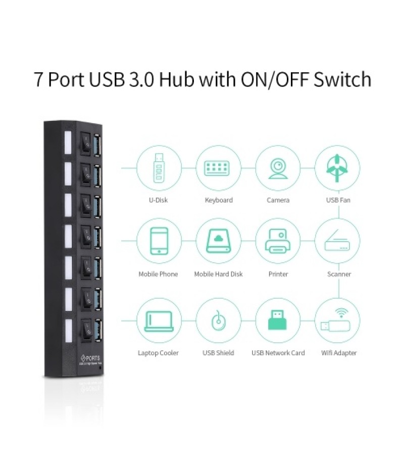 7-Port USB 3.0 HUB USB Splitter 7 Ports Expander with Switch For PC