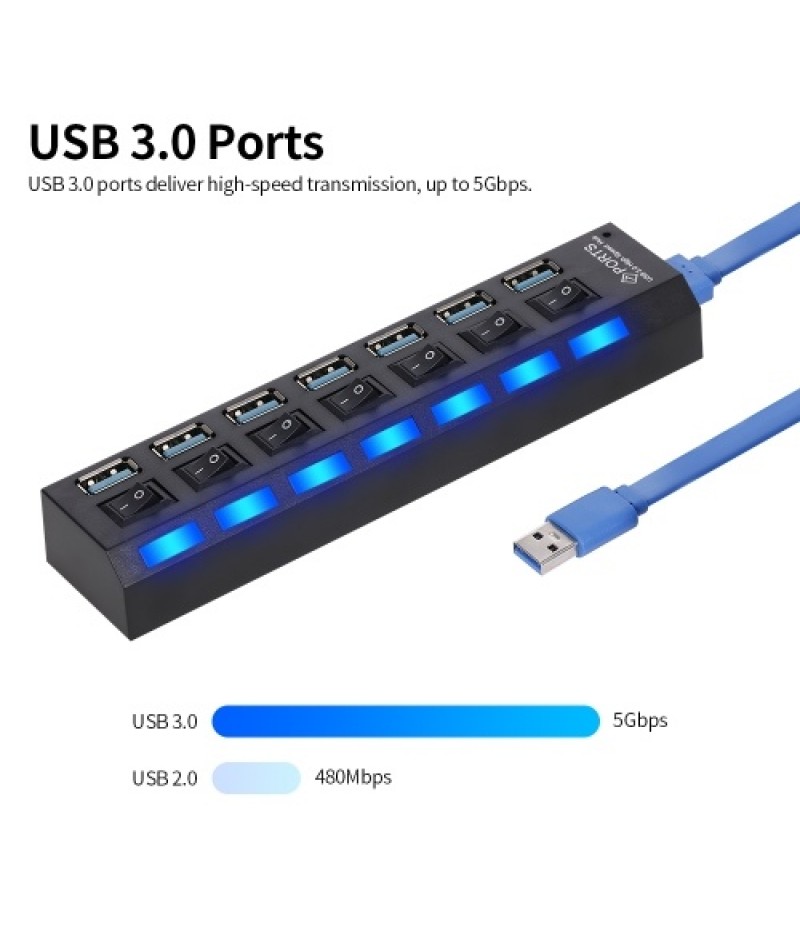 7-Port USB 3.0 HUB USB Splitter 7 Ports Expander with Switch For PC