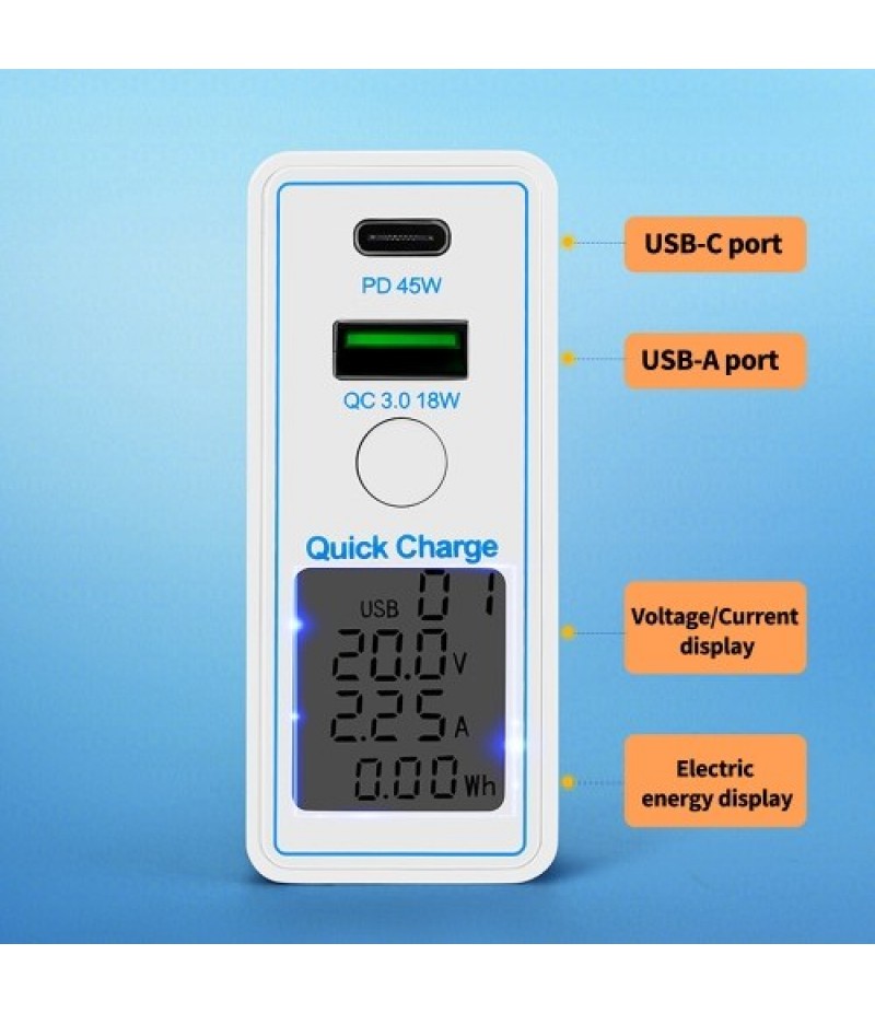 63W PD+QC3.0 Dual-port Fast Charger Portable Type-C+USB Charging Head with Digital Display Screen Wide Compatibility EU Plug