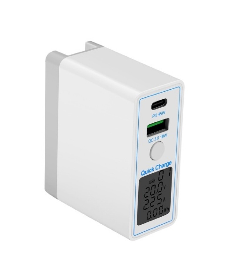 63W PD+QC3.0 Dual-port Fast Charger Portable Type-C+USB Charging Head with Digital Display Screen Wide Compatibility EU Plug
