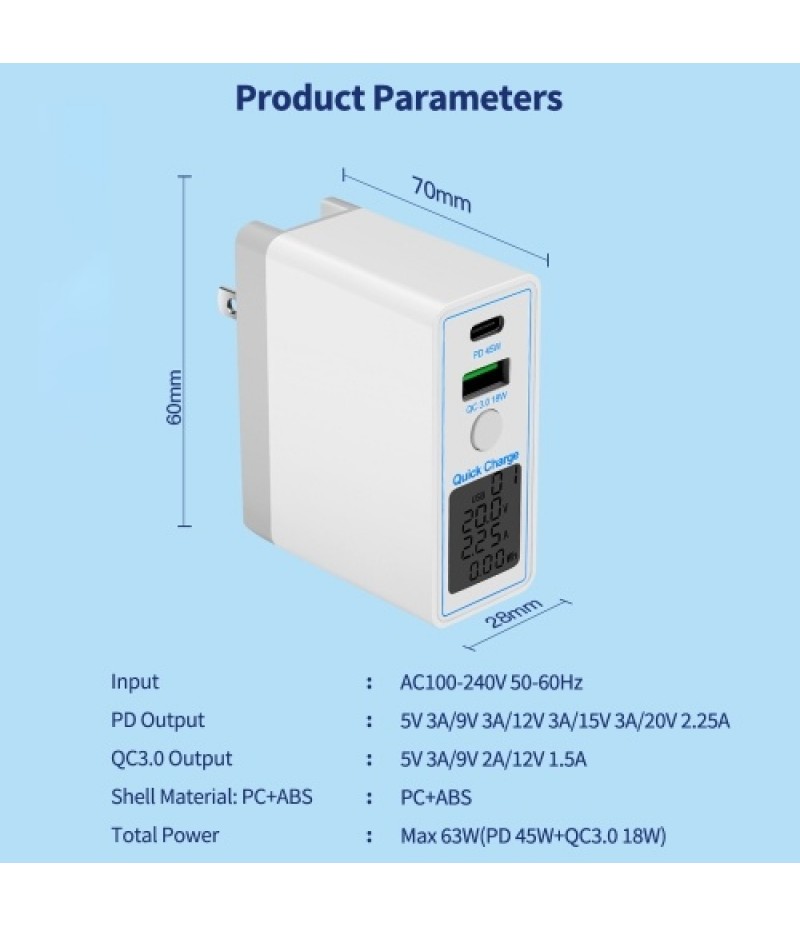 63W PD+QC3.0 Dual-port Fast Charger Portable Type-C+USB Charging Head with Digital Display Screen Wide Compatibility EU Plug