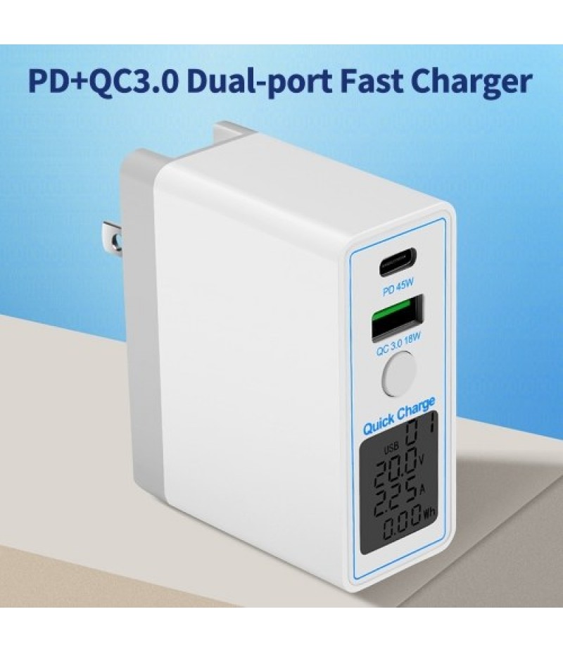63W PD+QC3.0 Dual-port Fast Charger Portable Type-C+USB Charging Head with Digital Display Screen Wide Compatibility EU Plug