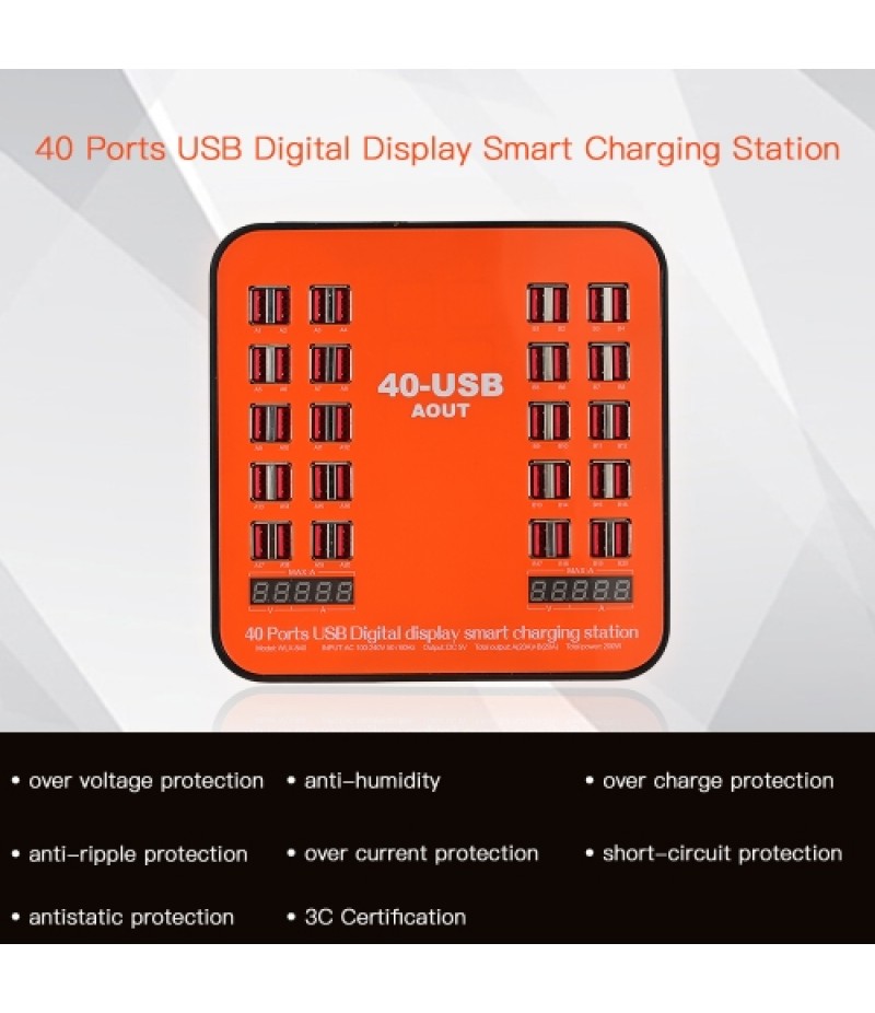 200W 40-Port USB Wall Charger Dual Digital Display Smart Charging Station with Foldable Plug for iPhone 7S/6S/5S/4S, for iPad PD