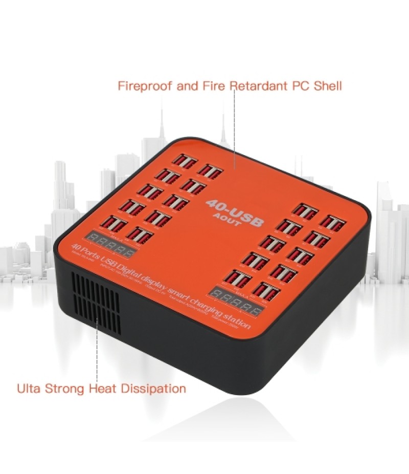 200W 40-Port USB Wall Charger Dual Digital Display Smart Charging Station with Foldable Plug for iPhone 7S/6S/5S/4S, for iPad PD