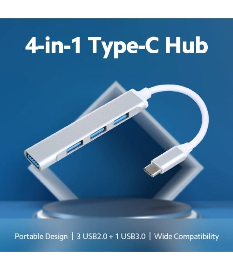 Mini Portable Type-C to USB Adapter 4-in-1 Hub with USB2.0/USB3.0 Ports Type-C Male to USB Female OTG Adapter, Silver