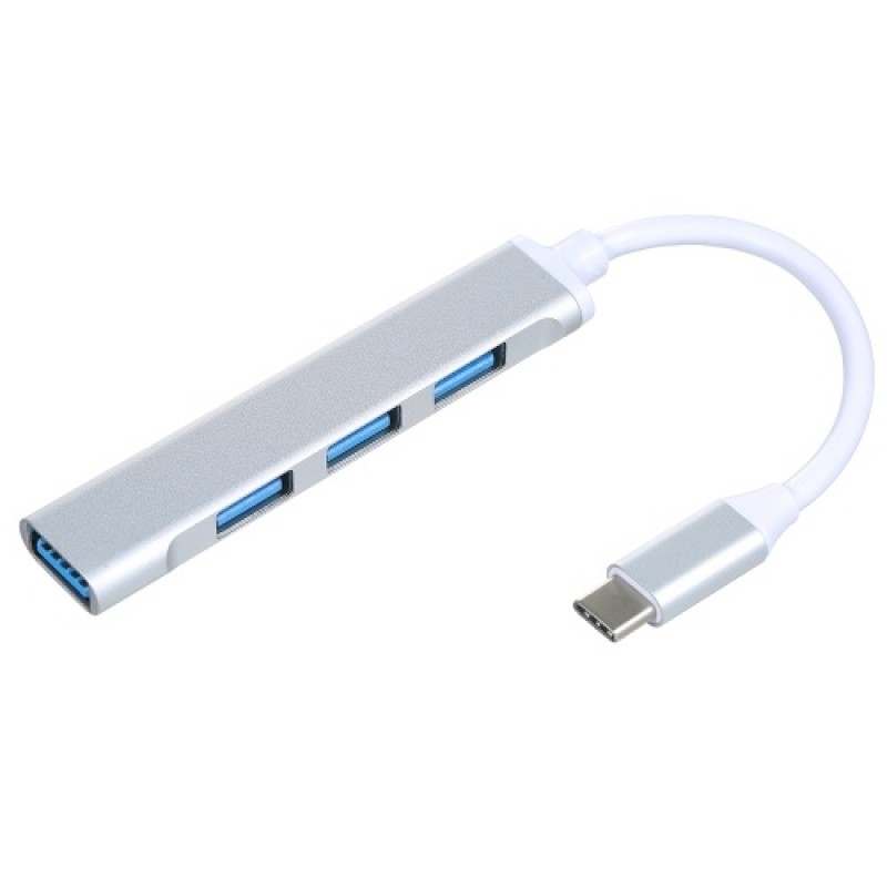 Mini Portable Type-C to USB Adapter 4-in-1 Hub with USB2.0/USB3.0 Ports Type-C Male to USB Female OTG Adapter, Silver