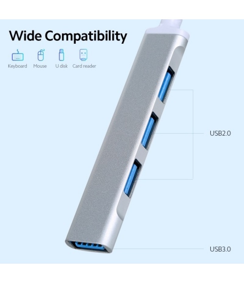 Mini Portable Type-C to USB Adapter 4-in-1 Hub with USB2.0/USB3.0 Ports Type-C Male to USB Female OTG Adapter, Silver