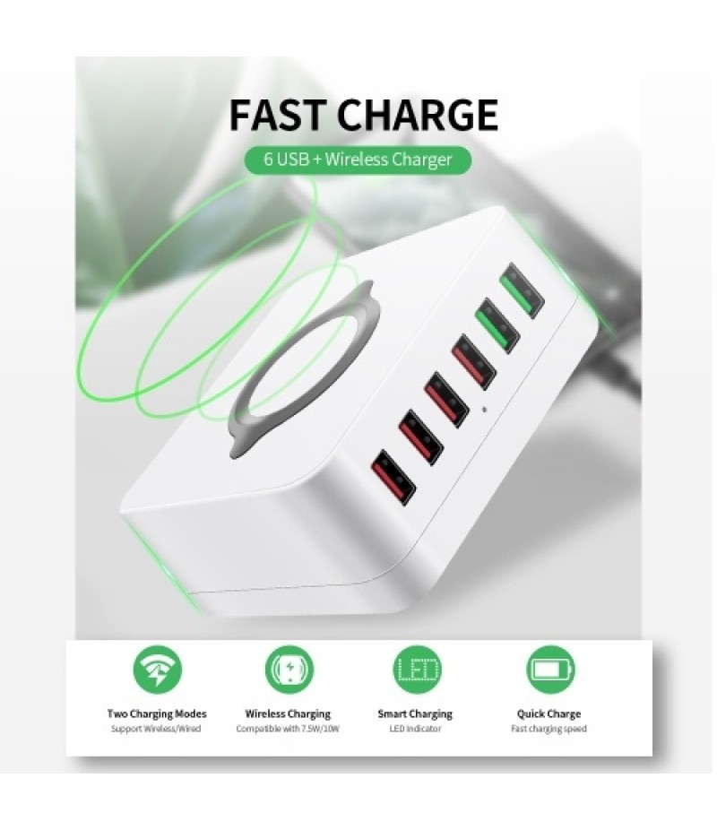 6-port USB Charger USB QC3.0 Quick Charger Wireless Charging Station for Mobile Phone Tablet US Plug