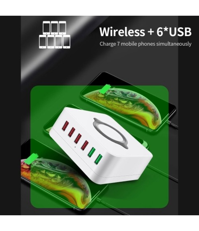 6-port USB Charger USB QC3.0 Quick Charger Wireless Charging Station for Mobile Phone Tablet US Plug