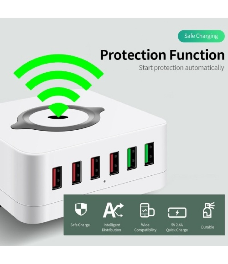 6-port USB Charger USB QC3.0 Quick Charger Wireless Charging Station for Mobile Phone Tablet US Plug