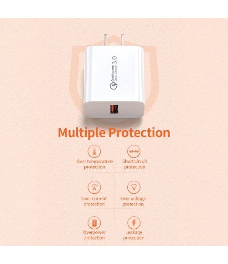 18W QC3.0 Fast Charger Portable Power Adapter with Single QC3.0 Port Multi-protection Wide Compatibility White EU Plug