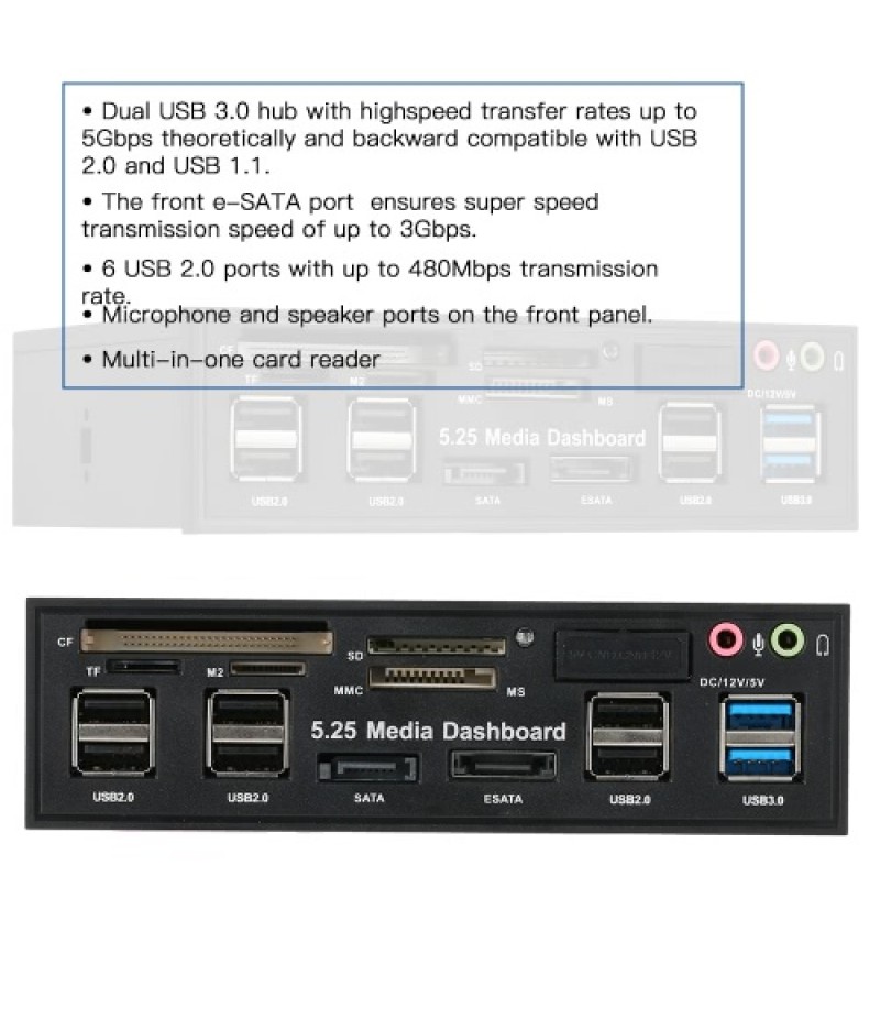 Multi-Function USB 3.0 Hub eSATA SATA Port Internal Card Reader PC Dashboard Media Front Panel Audio for SD MS CF TF M2 MMC Memo
