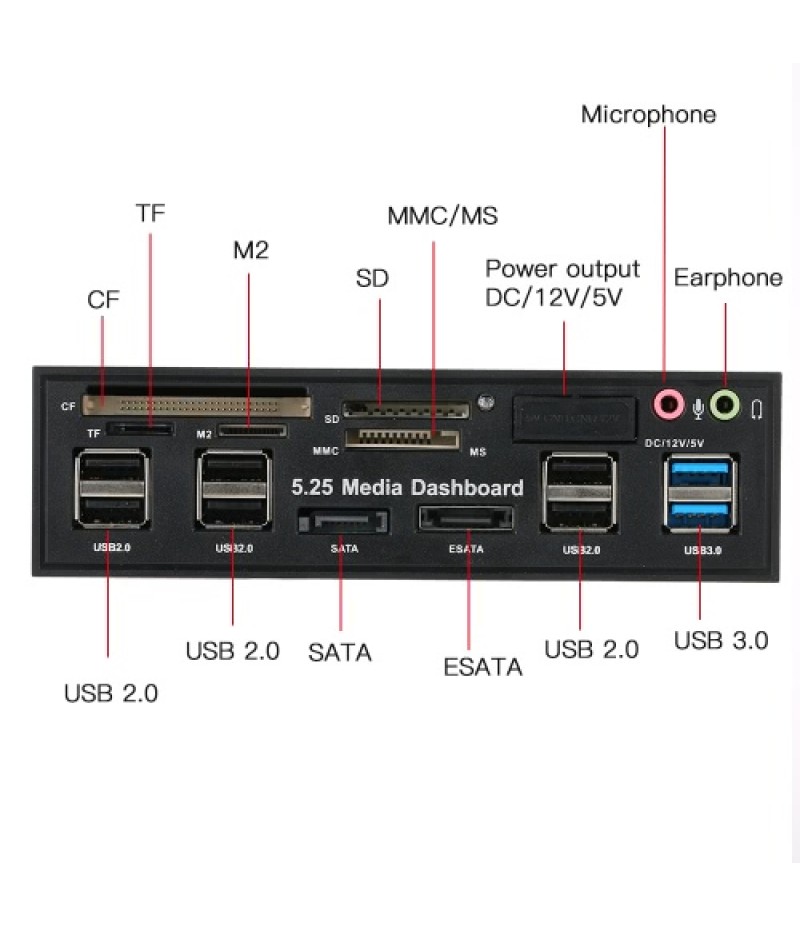 Multi-Function USB 3.0 Hub eSATA SATA Port Internal Card Reader PC Dashboard Media Front Panel Audio for SD MS CF TF M2 MMC Memo