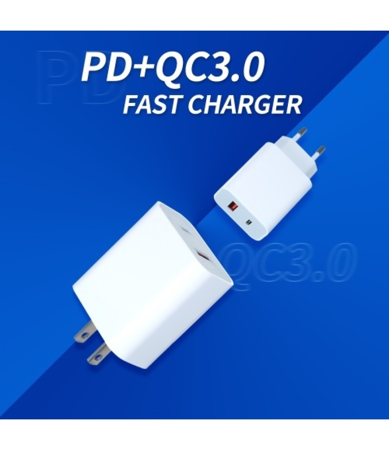 18W Fast Charger Portable Type-C+USB Charging Head with PD+QC3.0 Ports Multi-protection Wide Compatibility EU Plug
