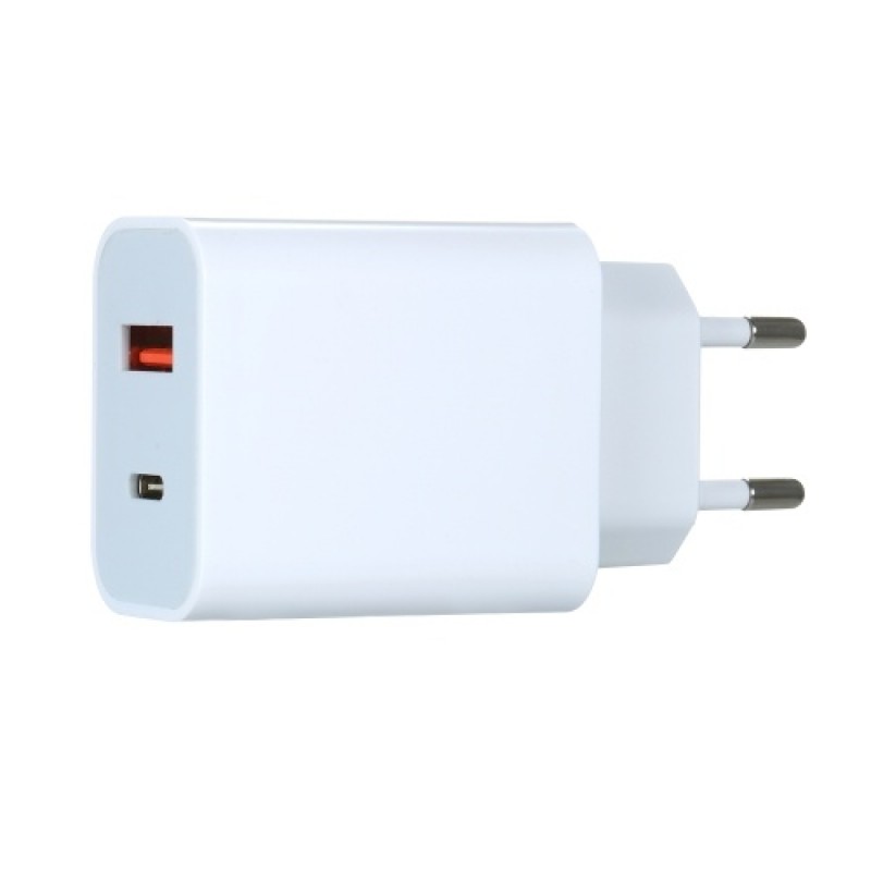 18W Fast Charger Portable Type-C+USB Charging Head with PD+QC3.0 Ports Multi-protection Wide Compatibility EU Plug