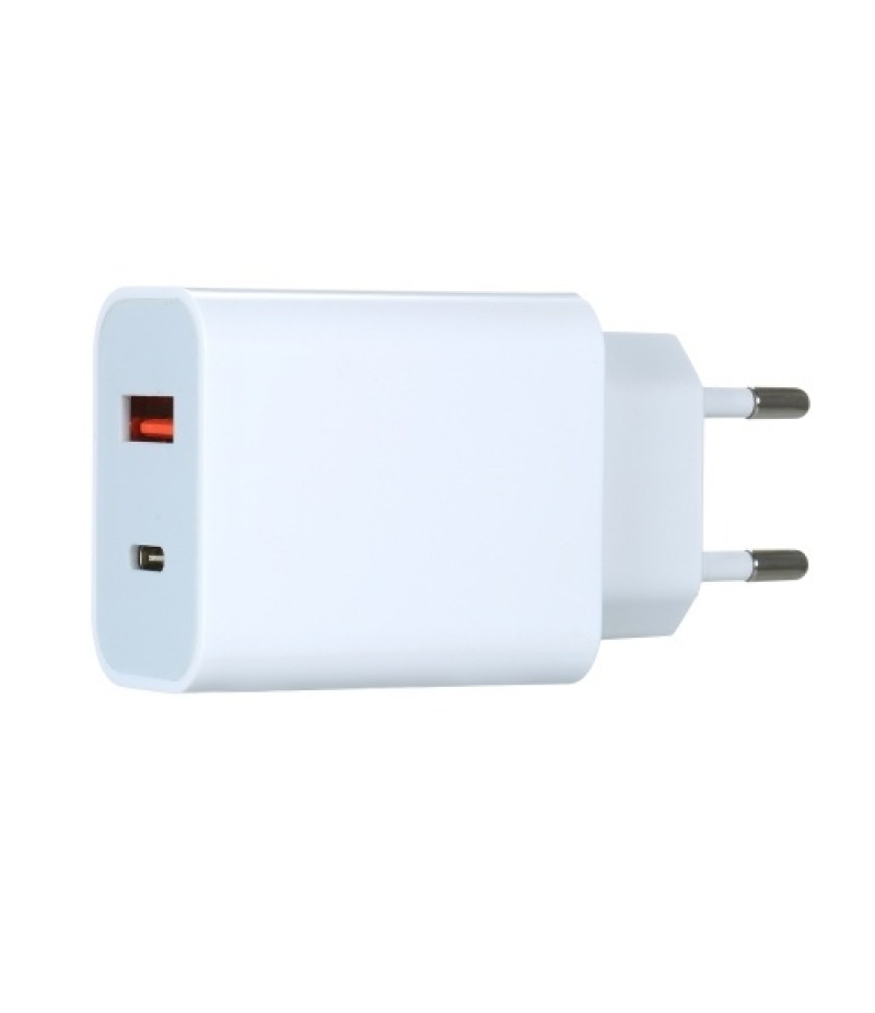 18W Fast Charger Portable Type-C+USB Charging Head with PD+QC3.0 Ports Multi-protection Wide Compatibility EU Plug
