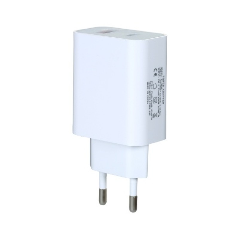 18W Fast Charger Portable Type-C+USB Charging Head with PD+QC3.0 Ports Multi-protection Wide Compatibility EU Plug