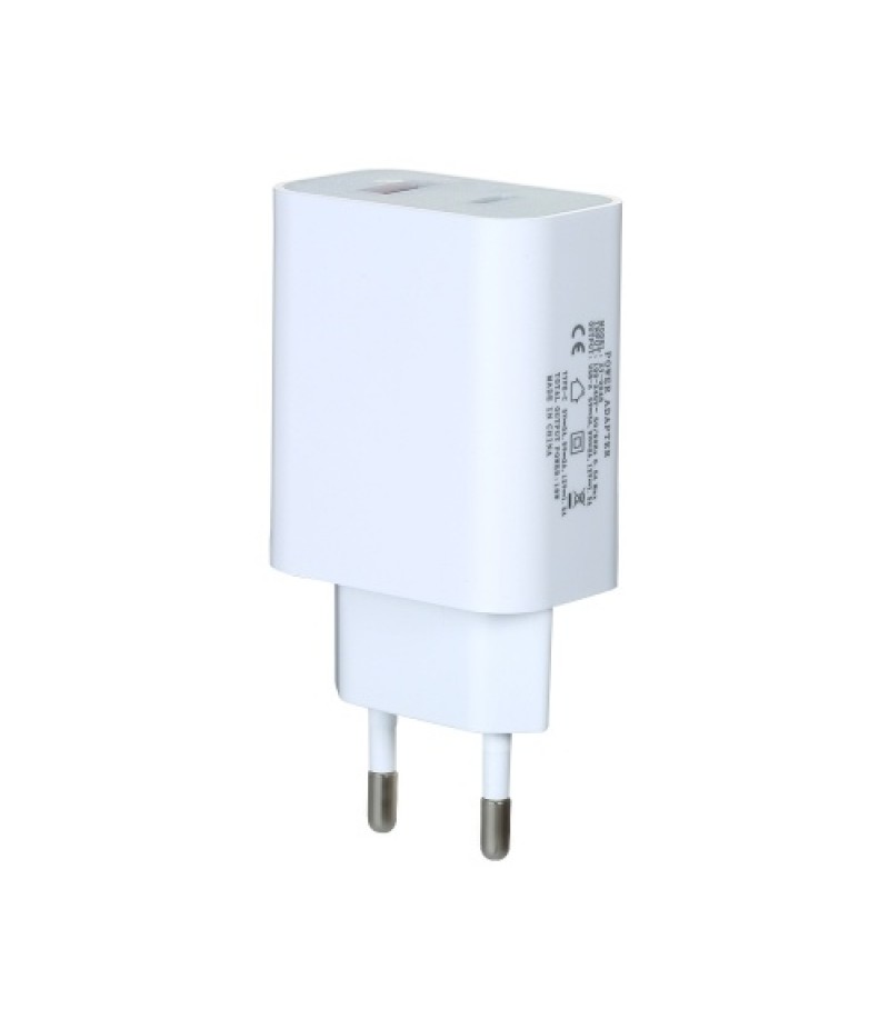 18W Fast Charger Portable Type-C+USB Charging Head with PD+QC3.0 Ports Multi-protection Wide Compatibility EU Plug