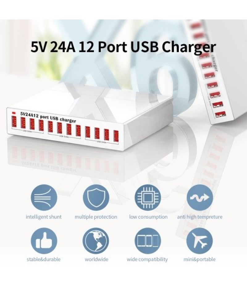 X6 12 Port USB Charger 5V24A High-power Quick Charging Intelligent Charger for Mobile Phone/Tablet EU Plug