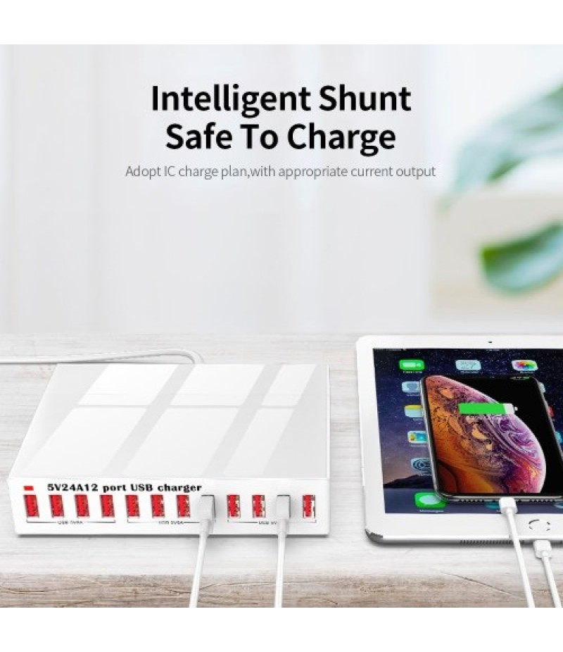 X6 12 Port USB Charger 5V24A High-power Quick Charging Intelligent Charger for Mobile Phone/Tablet EU Plug