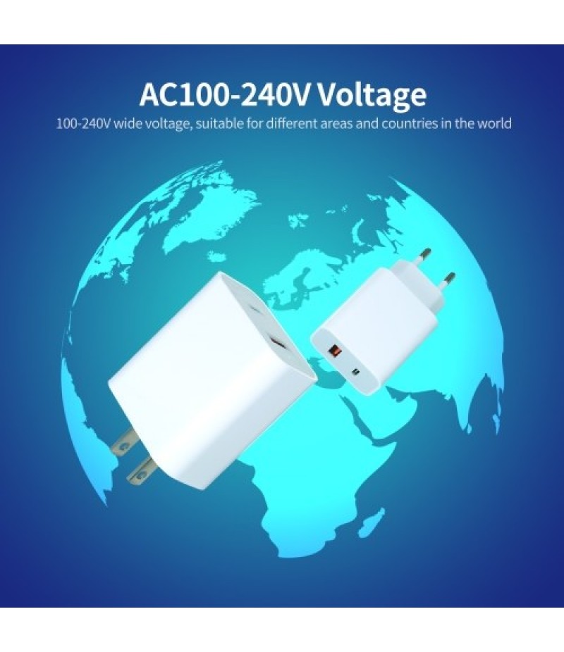 18W Fast Charger Portable Type-C+USB Charging Head with PD+QC3.0 Ports Multi-protection Wide Compatibility EU Plug