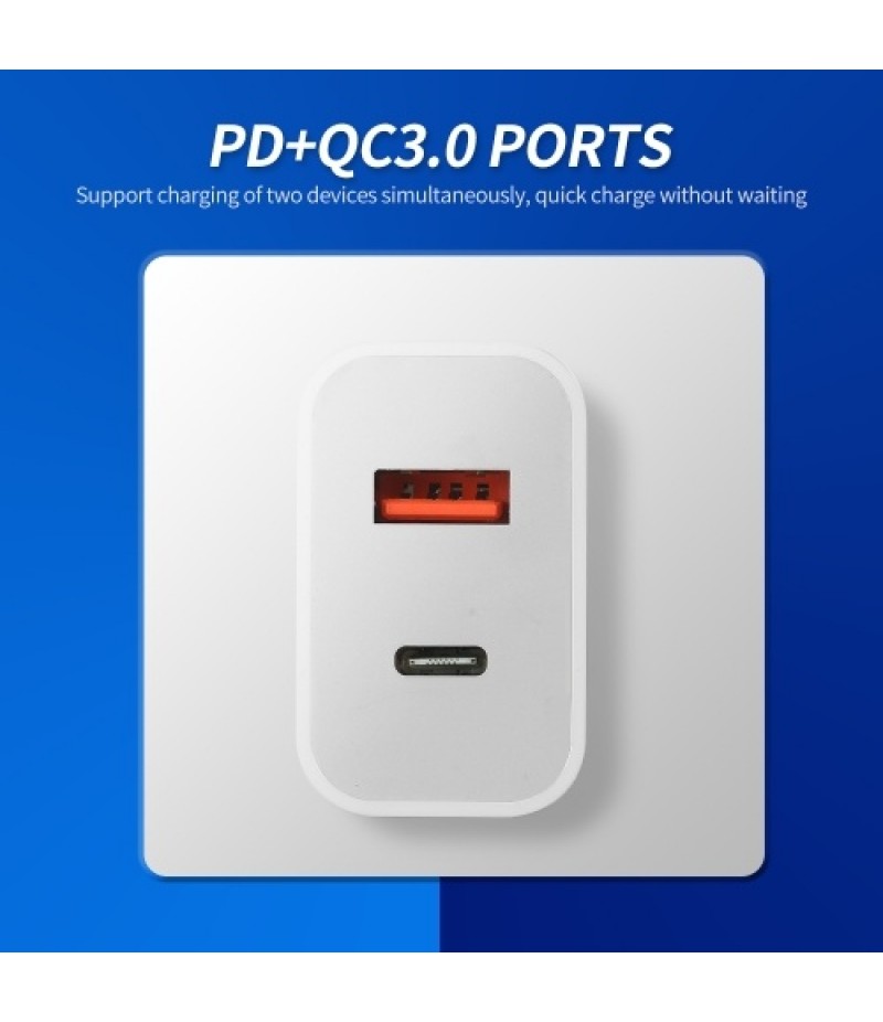 18W Fast Charger Portable Type-C+USB Charging Head with PD+QC3.0 Ports Multi-protection Wide Compatibility EU Plug