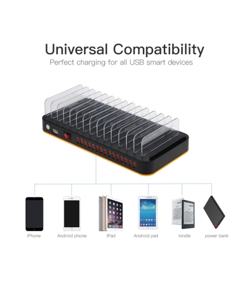 80W 15-Port Adjustable Dividers USB Charger Smart Charging Station Dock Multi Device Desktop Organizer Hub Stand with Intelligen