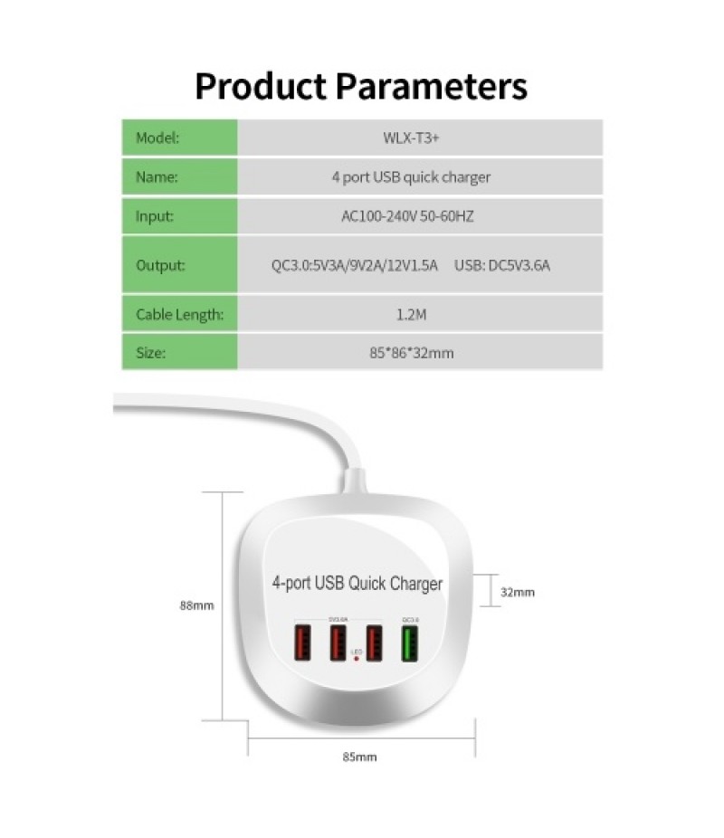 WLX-T3+ 4 Port USB Charger QC3.0 Quick Charge Portable Charger for Tablet/Phone/Laptop UK Plug