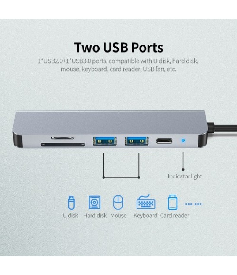 6-in-1 Multifunctional Type-C Hub Aluminum Alloy Type-C Converter with HD USB2.0 USB3.0 PD Ports TF SD Card Slots Plug and Play
