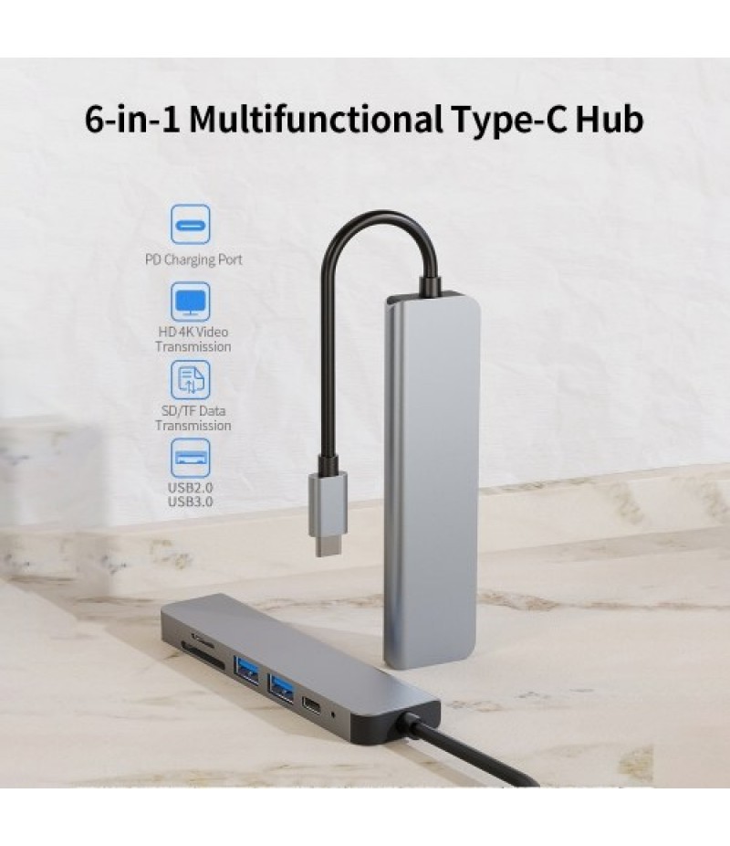 6-in-1 Multifunctional Type-C Hub Aluminum Alloy Type-C Converter with HD USB2.0 USB3.0 PD Ports TF SD Card Slots Plug and Play