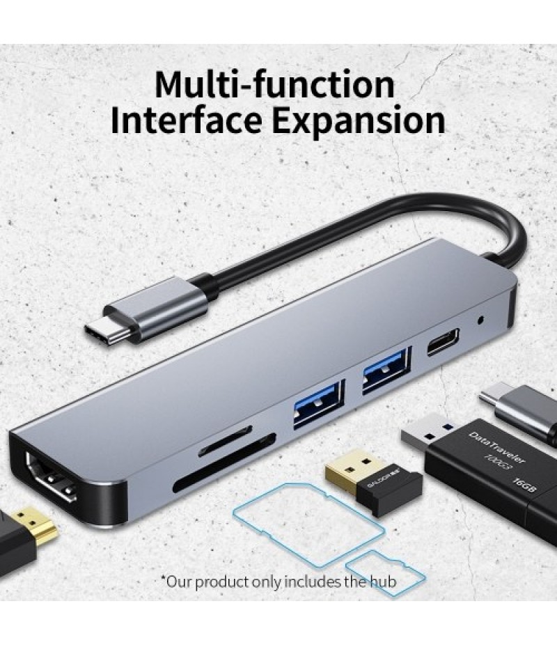 6-in-1 Multifunctional Type-C Hub Aluminum Alloy Type-C Converter with HD USB2.0 USB3.0 PD Ports TF SD Card Slots Plug and Play