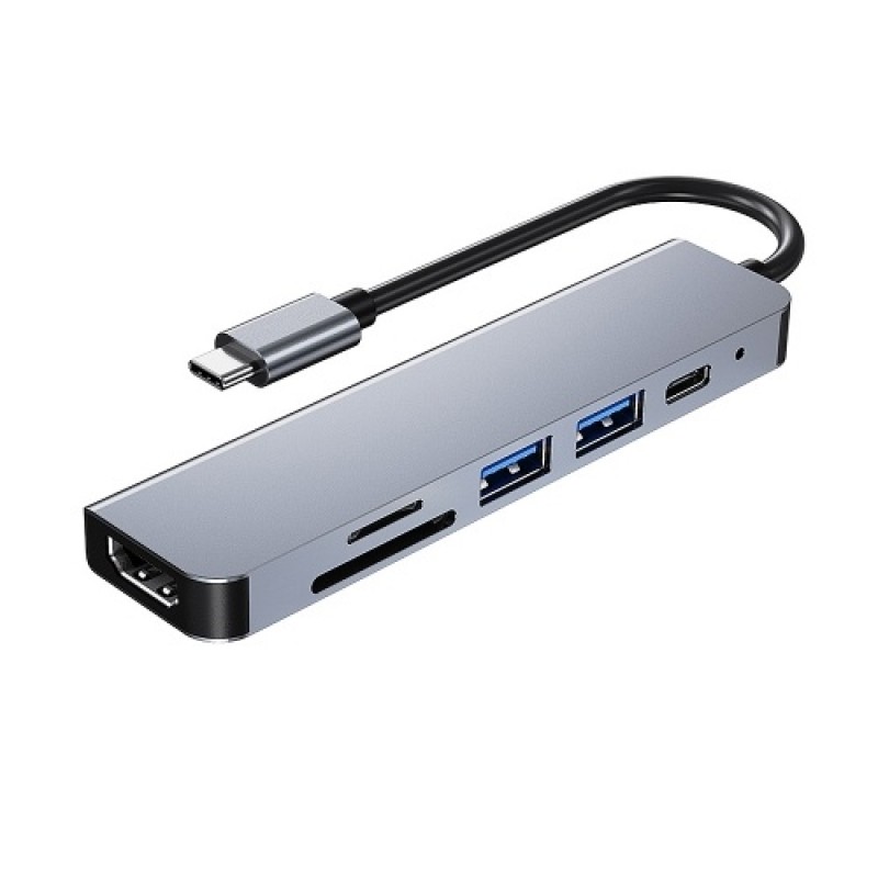 6-in-1 Multifunctional Type-C Hub Aluminum Alloy Type-C Converter with HD USB2.0 USB3.0 PD Ports TF SD Card Slots Plug and Play