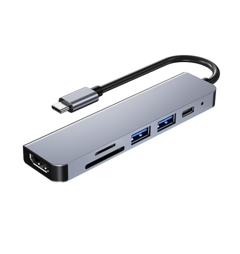6-in-1 Multifunctional Type-C Hub Aluminum Alloy Type-C Converter with HD USB2.0 USB3.0 PD Ports TF SD Card Slots Plug and Play