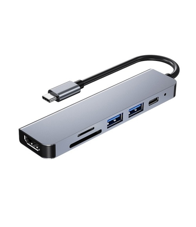 6-in-1 Multifunctional Type-C Hub Aluminum Alloy Type-C Converter with HD USB2.0 USB3.0 PD Ports TF SD Card Slots Plug and Play