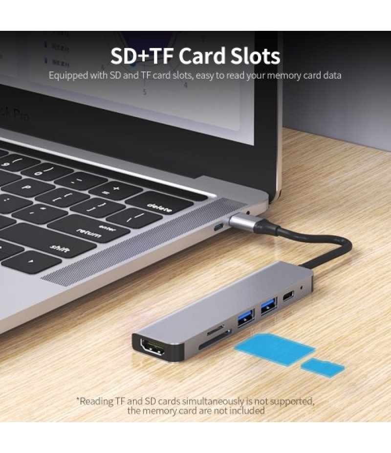 6-in-1 Multifunctional Type-C Hub Aluminum Alloy Type-C Converter with HD USB2.0 USB3.0 PD Ports TF SD Card Slots Plug and Play