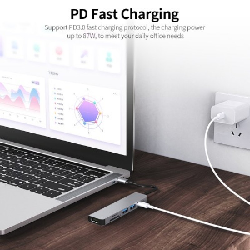 6-in-1 Multifunctional Type-C Hub Aluminum Alloy Type-C Converter with HD USB2.0 USB3.0 PD Ports TF SD Card Slots Plug and Play