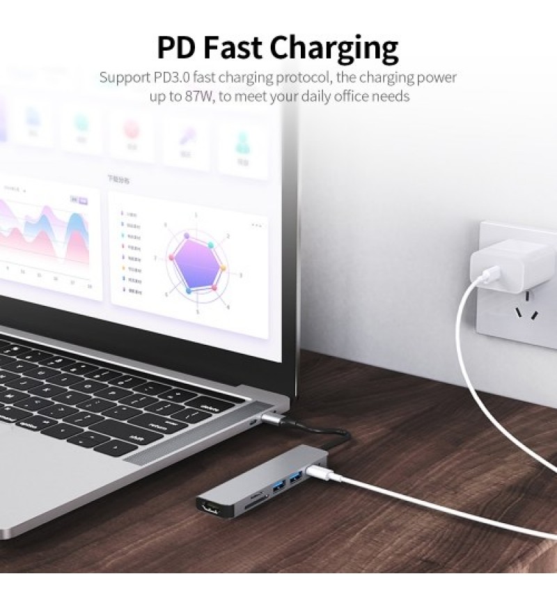 6-in-1 Multifunctional Type-C Hub Aluminum Alloy Type-C Converter with HD USB2.0 USB3.0 PD Ports TF SD Card Slots Plug and Play