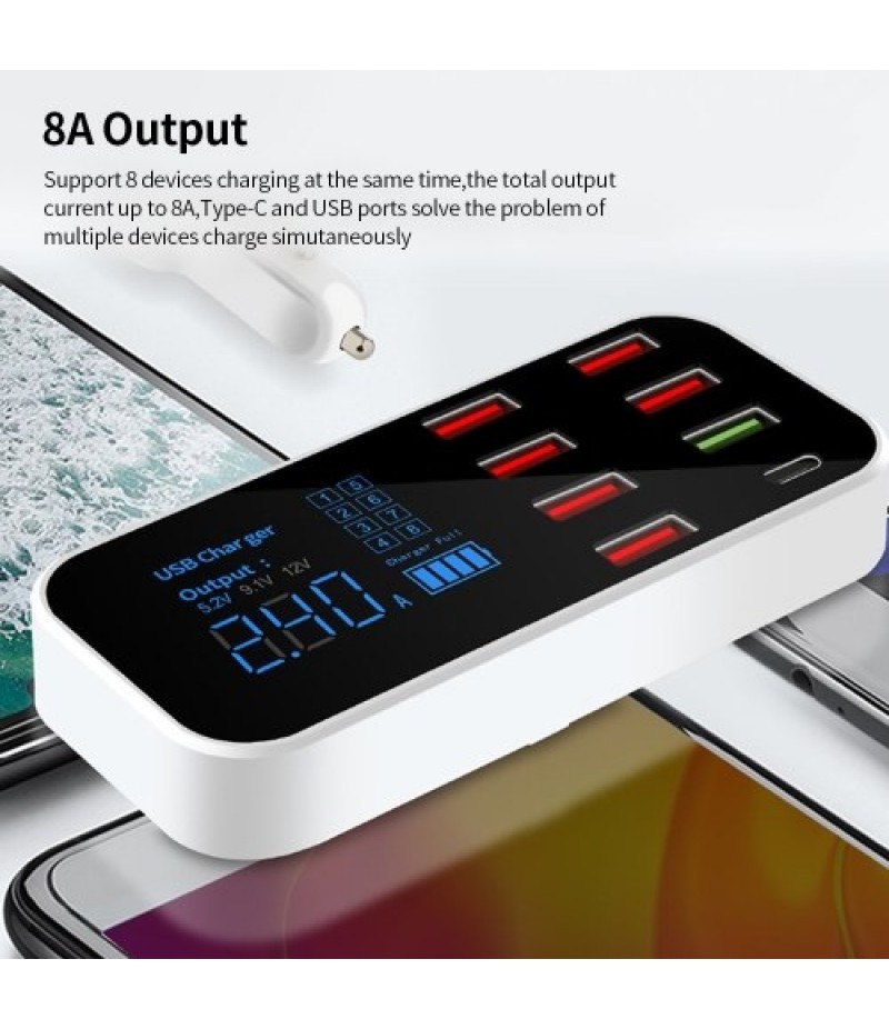 A9S+ 8 Port Car Charger with LED Display Type-C QC3.0 Quick Charging Intelligent Portable Safe Vehicle Charger Station