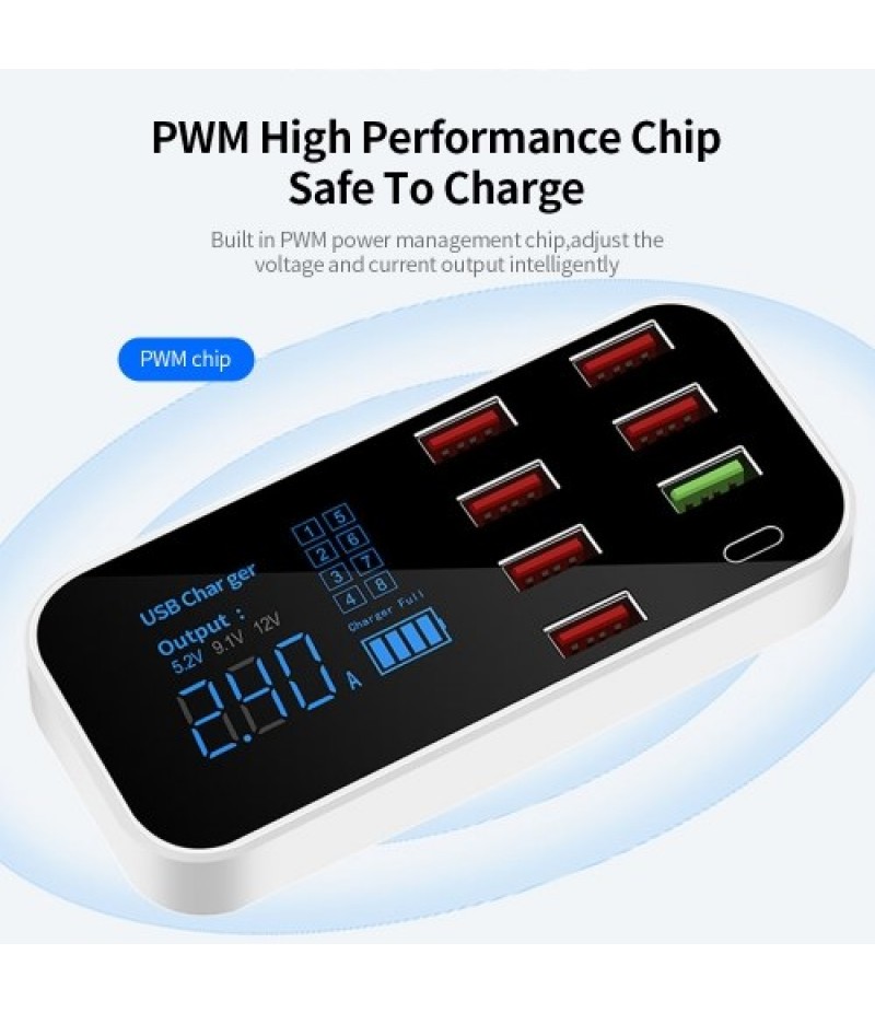 A9S+ 8 Port Car Charger with LED Display Type-C QC3.0 Quick Charging Intelligent Portable Safe Vehicle Charger Station