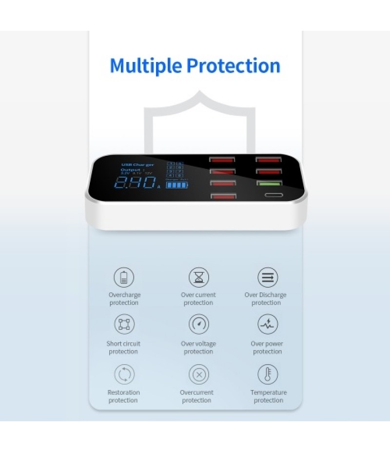 A9S+ 8 Port Car Charger with LED Display Type-C QC3.0 Quick Charging Intelligent Portable Safe Vehicle Charger Station