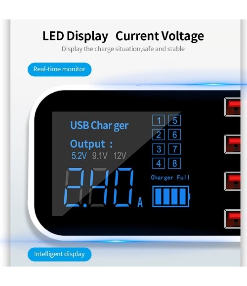 A9S+ 8 Port Car Charger with LED Display Type-C QC3.0 Quick Charging Intelligent Portable Safe Vehicle Charger Station