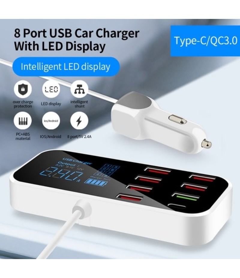 A9S+ 8 Port Car Charger with LED Display Type-C QC3.0 Quick Charging Intelligent Portable Safe Vehicle Charger Station
